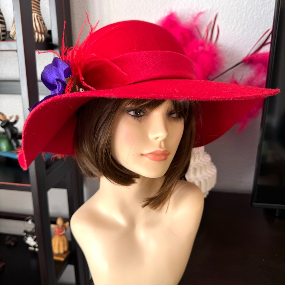 Red Wool Hat with Purple Flower and Feather - Picture 11 of 11